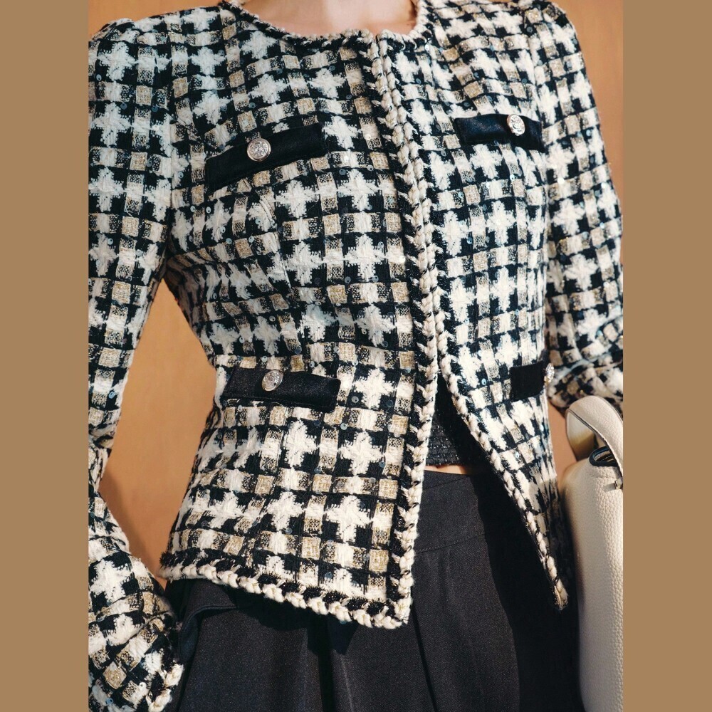 Black White Houndstooth Tweed Chain Trim Slim Fit Cropped Jacket